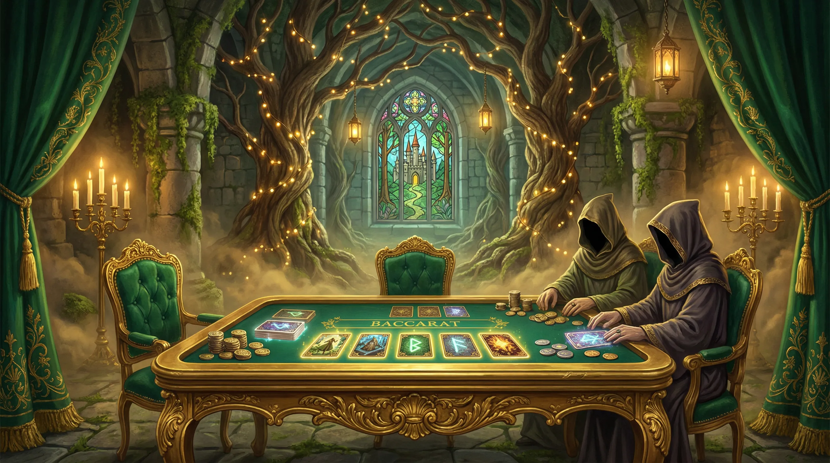 Mesa de bacará elegante com cartas douradas no Stakebet